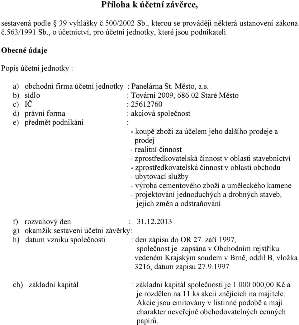 účetní jednotky : a) obchodní firma účetní jednotky : Panelárna St. Měst