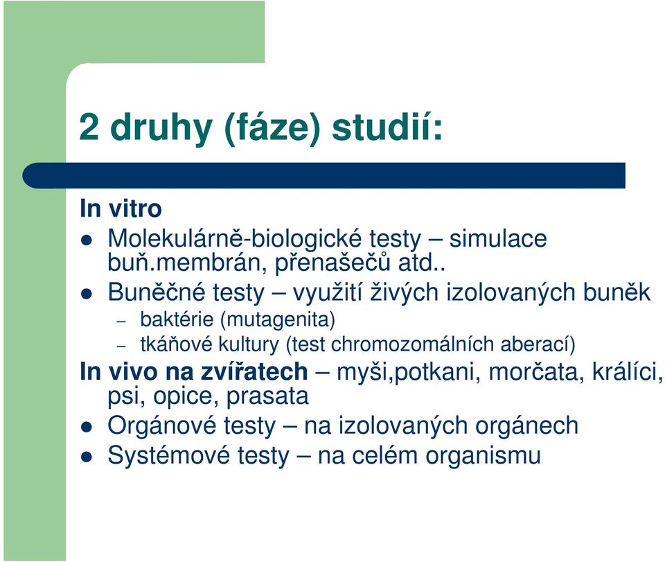 . Buněčné testy využití živých izolovaných buněk baktérie (mutagenita) tkáňové kultury