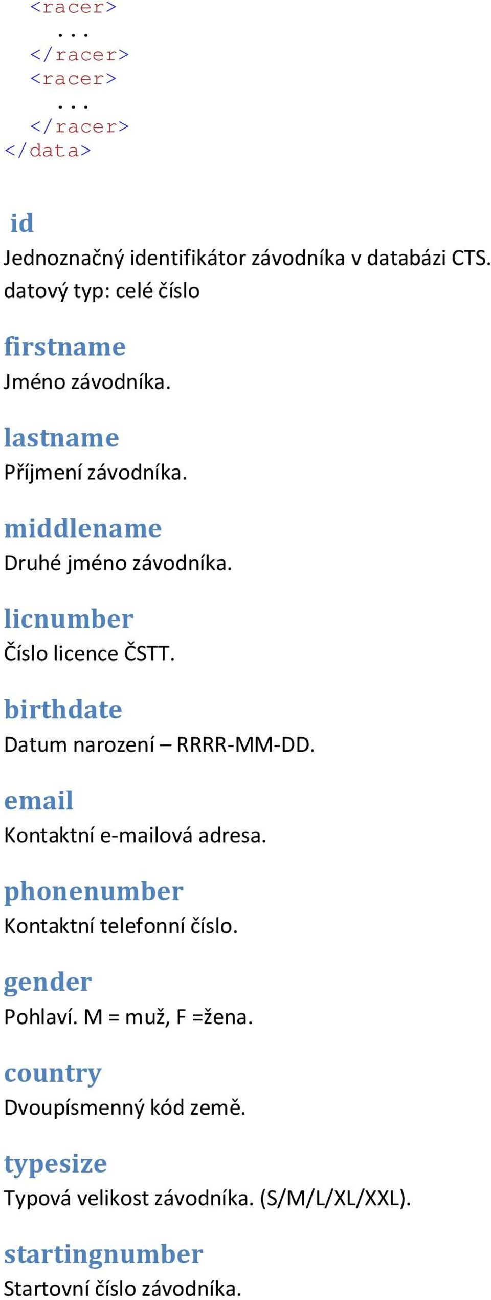birthdate Datum narození RRRR-MM-DD. email Kontaktní e-mailová adresa. phonenumber Kontaktní telefonní číslo.