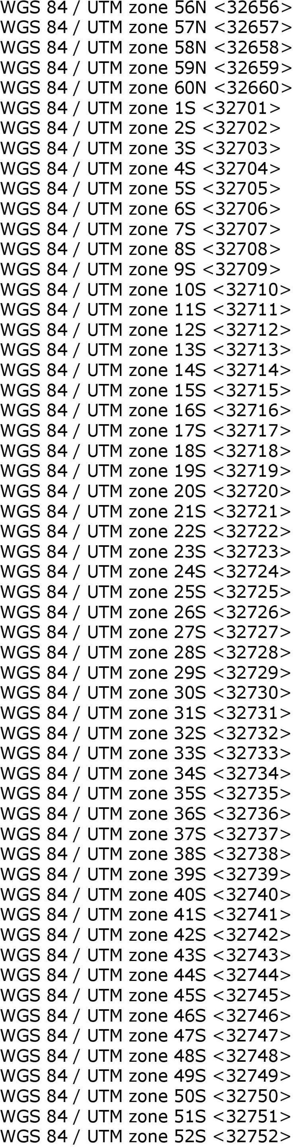 9S <32709> WGS 84 / UTM zone 10S <32710> WGS 84 / UTM zone 11S <32711> WGS 84 / UTM zone 12S <32712> WGS 84 / UTM zone 13S <32713> WGS 84 / UTM zone 14S <32714> WGS 84 / UTM zone 15S <32715> WGS 84 /