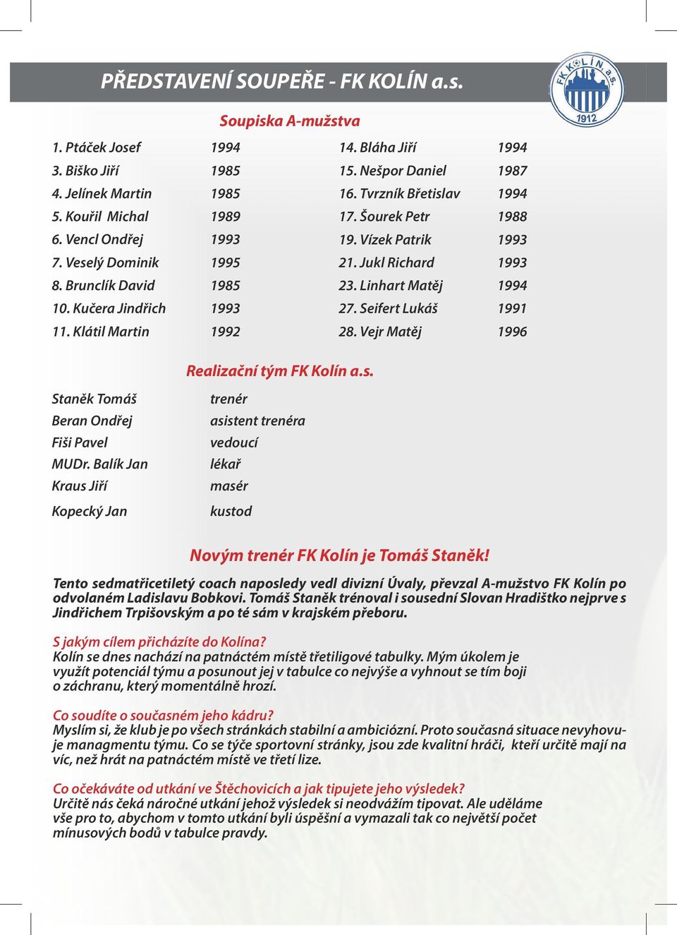 Vejr Matěj 996 Realizační tým FK Kolín a.s. Staněk Tomáš Beran Ondřej Fiši Pavel MUDr.