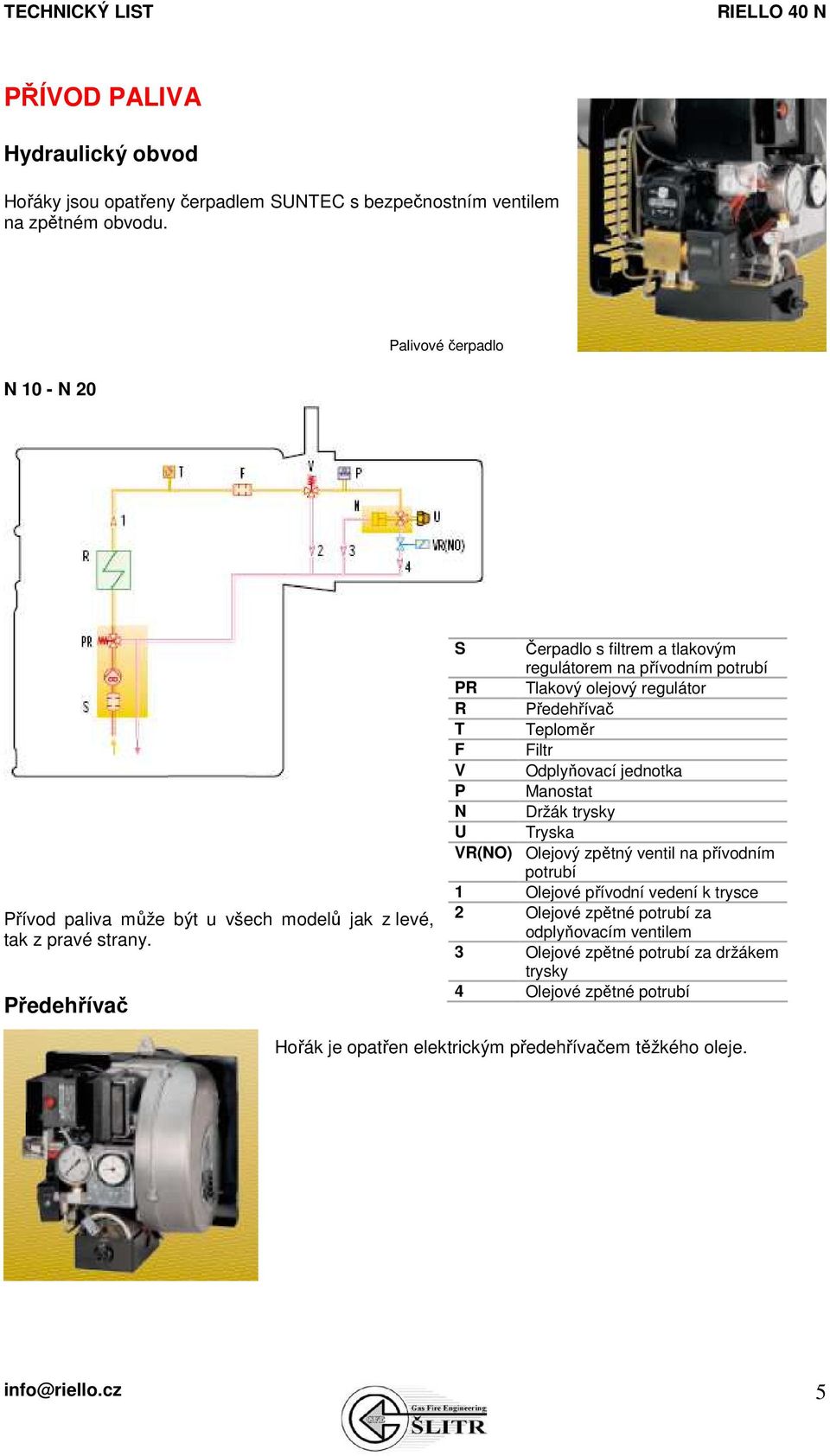 Předehřívač S Čerpadlo s filtrem a tlakovým regulátorem na přívodním potrubí PR Tlakový olejový regulátor R Předehřívač T Teploměr F Filtr V Odplyňovací jednotka P
