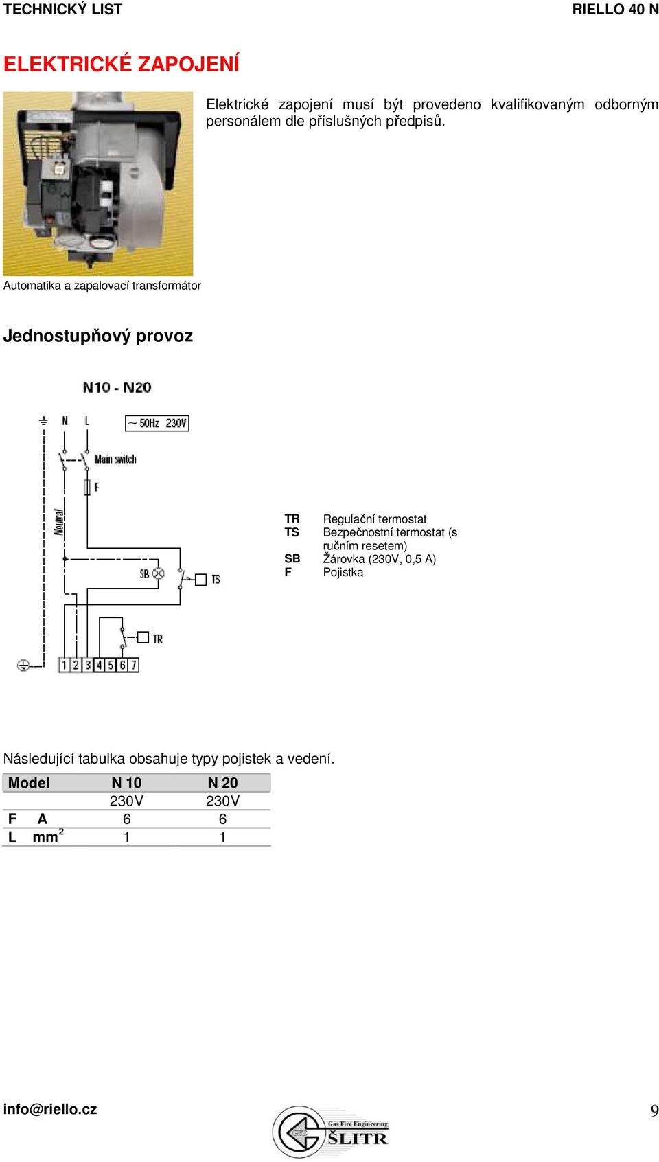 Automatika a zapalovací transformátor Jednostupňový provoz TR Regulační termostat TS Bezpečnostní