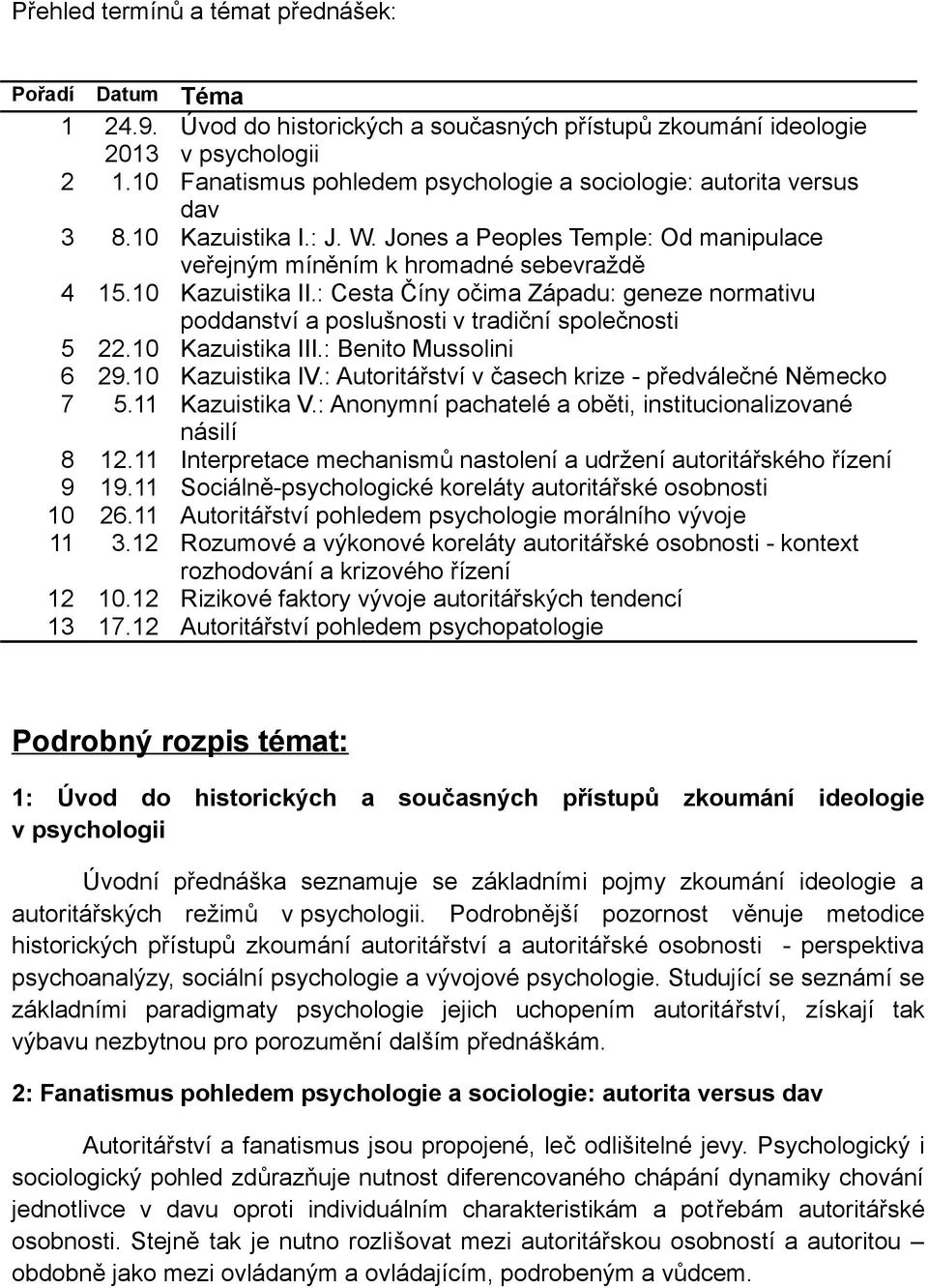 : Cesta Číny očima Západu: geneze normativu poddanství a poslušnosti v tradiční společnosti 5 22.10 Kazuistika III.: Benito Mussolini 6 29.10 Kazuistika IV.