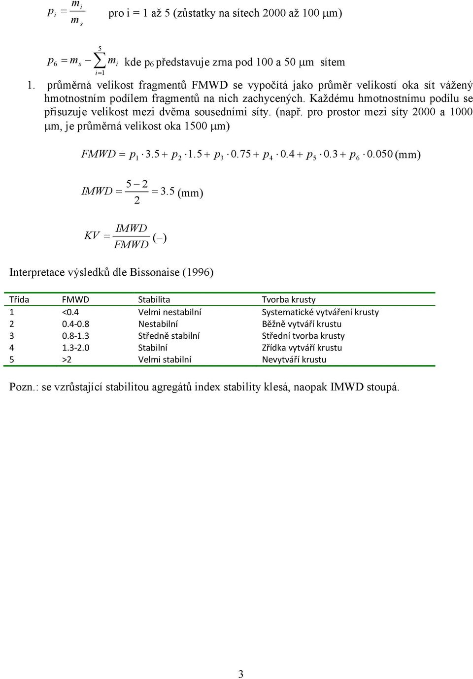 Každému hmotnostnímu podílu se přisuzuje velikost mezi dvěma sousedními síty. (např. pro prostor mezi síty 000 a 1000 µm, je průměrná velikost oka 1500 µm) FMWD = p1 3.5+ p 1.5+ p3 0.75+ p4 0.4+ p5 0.