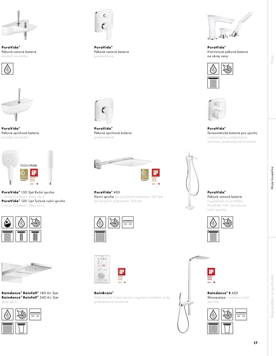 ) PuraVida Páková vanová baterie podomítková PuraVida Páková sprchová baterie podomítková PuraVida 400 Horní sprcha se sprchovým ramenem 387 mm Se stropním připojením 100 mm RainBrain Elektronické
