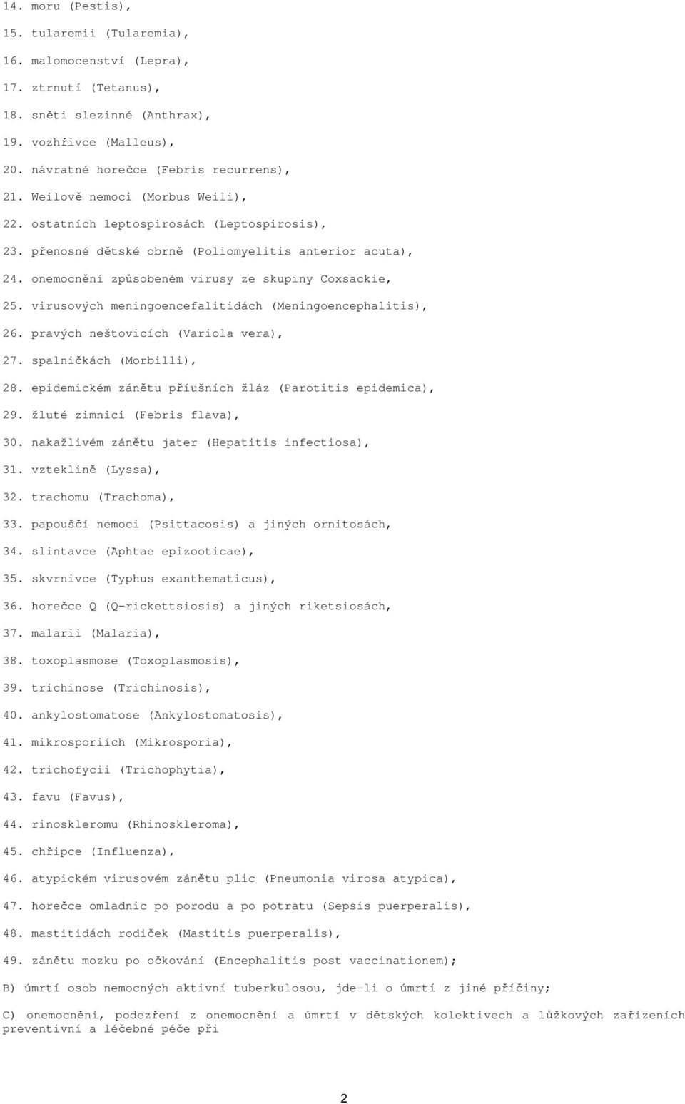 virusových meningoencefalitidách (Meningoencephalitis), 26. pravých neštovicích (Variola vera), 27. spalničkách (Morbilli), 28. epidemickém zánětu příušních žláz (Parotitis epidemica), 29.