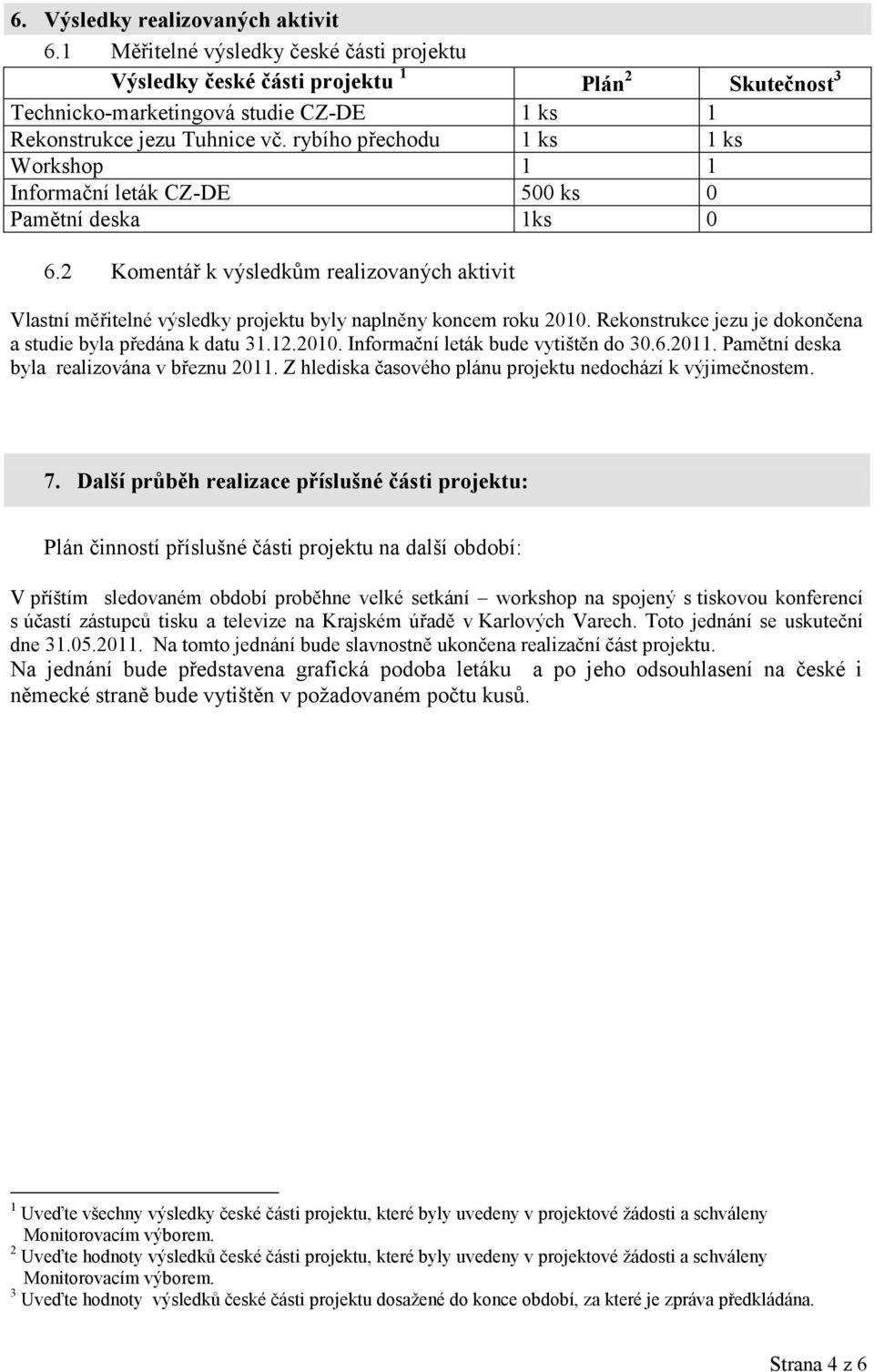 rybího přechodu 1 ks 1 ks Workshop 1 1 Informační leták CZ-DE 500 ks 0 Pamětní deska 1ks 0 6.