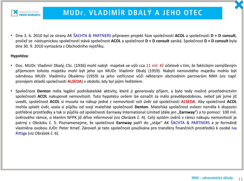 Společnost D + D consult byla dne 30. 9. 2010 vymazána z Obchodního rejstříku. Hypotéza: Doc. MUDr. Vladimír Dbalý, CSc. (1936) mohl nabýt majetek ve výši cca 11 mil.