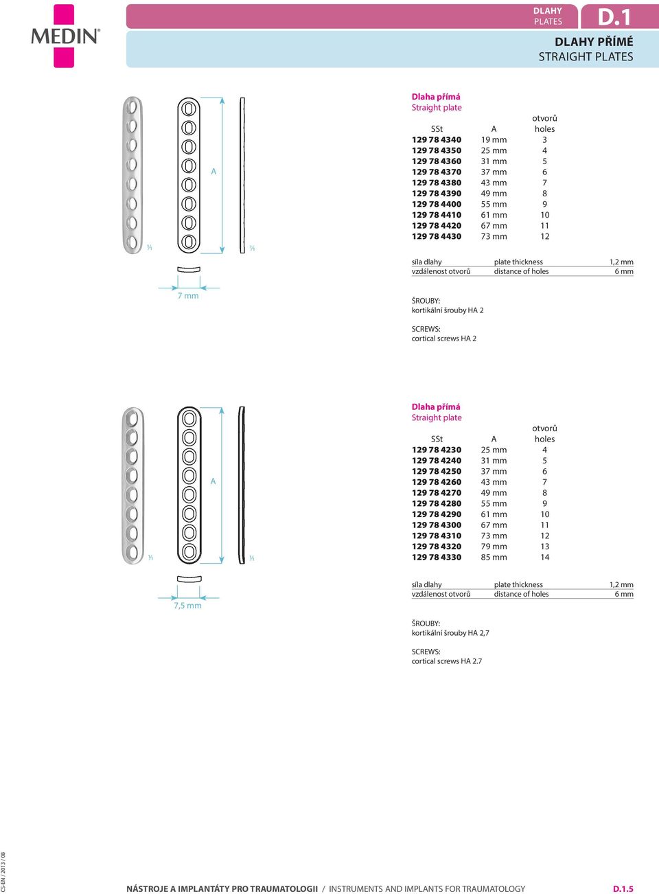 4400 55 mm 9 129 78 4410 61 mm 10 129 78 4420 67 mm 11 129 78 4430 73 mm 12 síla dlahy plate thickness 1,2 mm vzdálenost distance of holes 6 mm kortikální šrouby H 2 cortical screws H 2 Dlaha