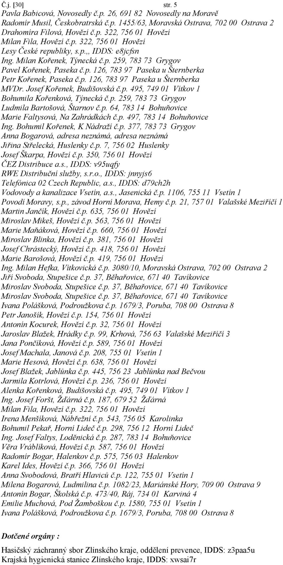 p. 126, 783 97 Paseka u Šternberka MVDr. Josef Kořenek, Budišovská č.p. 495, 749 01 Vítkov 1 Bohumila Kořenková, Týnecká č.p. 259, 783 73 Grygov Ludmila Bartošová, Štarnov č.p. 64, 783 14 Bohuňovice Marie Faltysová, Na Zahrádkách č.
