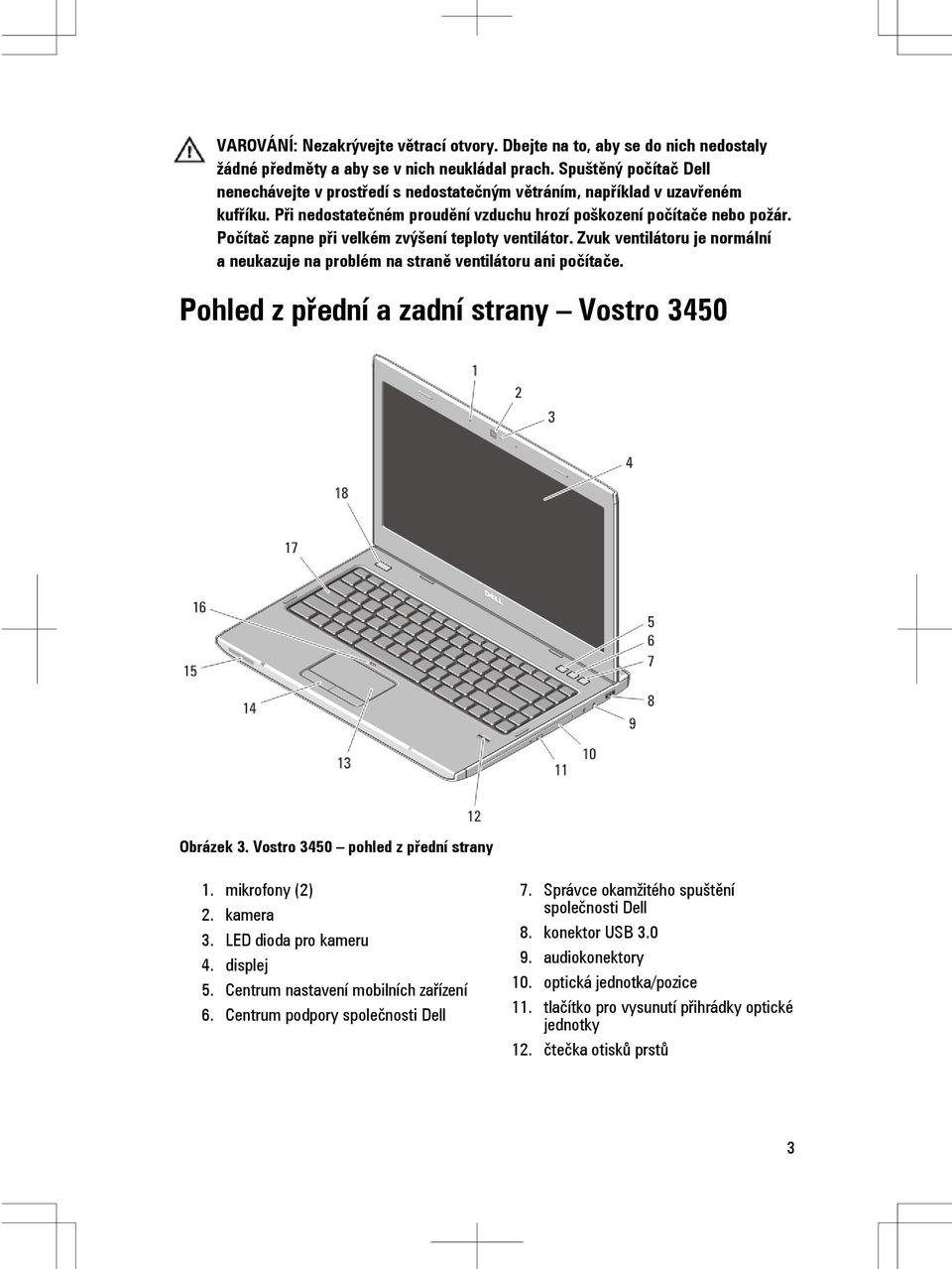 Počítač zapne při velkém zvýšení teploty ventilátor. Zvuk ventilátoru je normální a neukazuje na problém na straně ventilátoru ani počítače. Pohled z přední a zadní strany Vostro 3450 Obrázek 3.