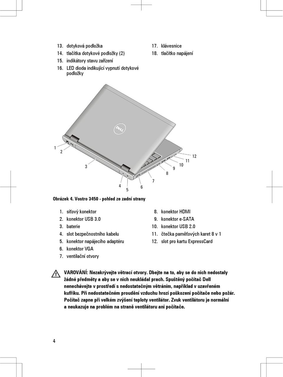 konektor HDMI 9. konektor e-sata 10. konektor USB 2.0 11. čtečka paměťových karet 8 v 1 12. slot pro kartu ExpressCard VAROVÁNÍ: Nezakrývejte větrací otvory.