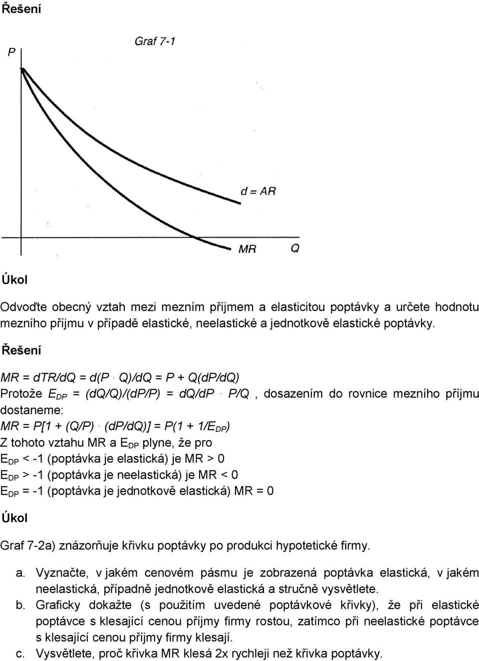 plyne, že pro E DP < -1 (poptávka je elastická) je MR > 0 E DP > -1 (poptávka je neelastická) je MR < 0 E DP = -1 (poptávka je jednotkově elastická) MR = 0 Úkol Graf 7-2a) znázorňuje křivku poptávky