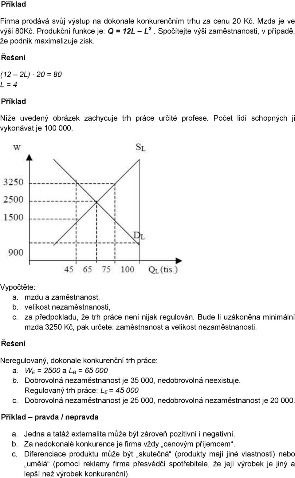 Počet lidí schopných ji vykonávat je 100 000. Vypočtěte: a. mzdu a zaměstnanost, b. velikost nezaměstnanosti, c. za předpokladu, že trh práce není nijak regulován.