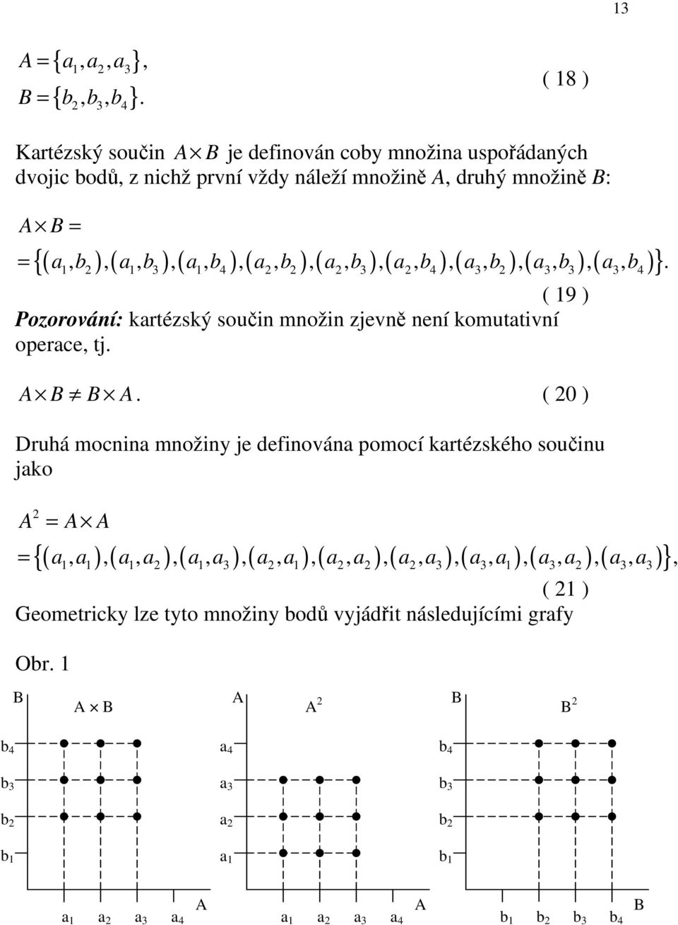 ( a b3 ) ( a b4 ) ( a3 b ) ( a3 b3 ) ( a3 b4 )},,,,,,,,,,,,,,,,,. ( 9 ) Pozorování: kartézský součin množin zjevně není komutativní operace, tj. A B B A.