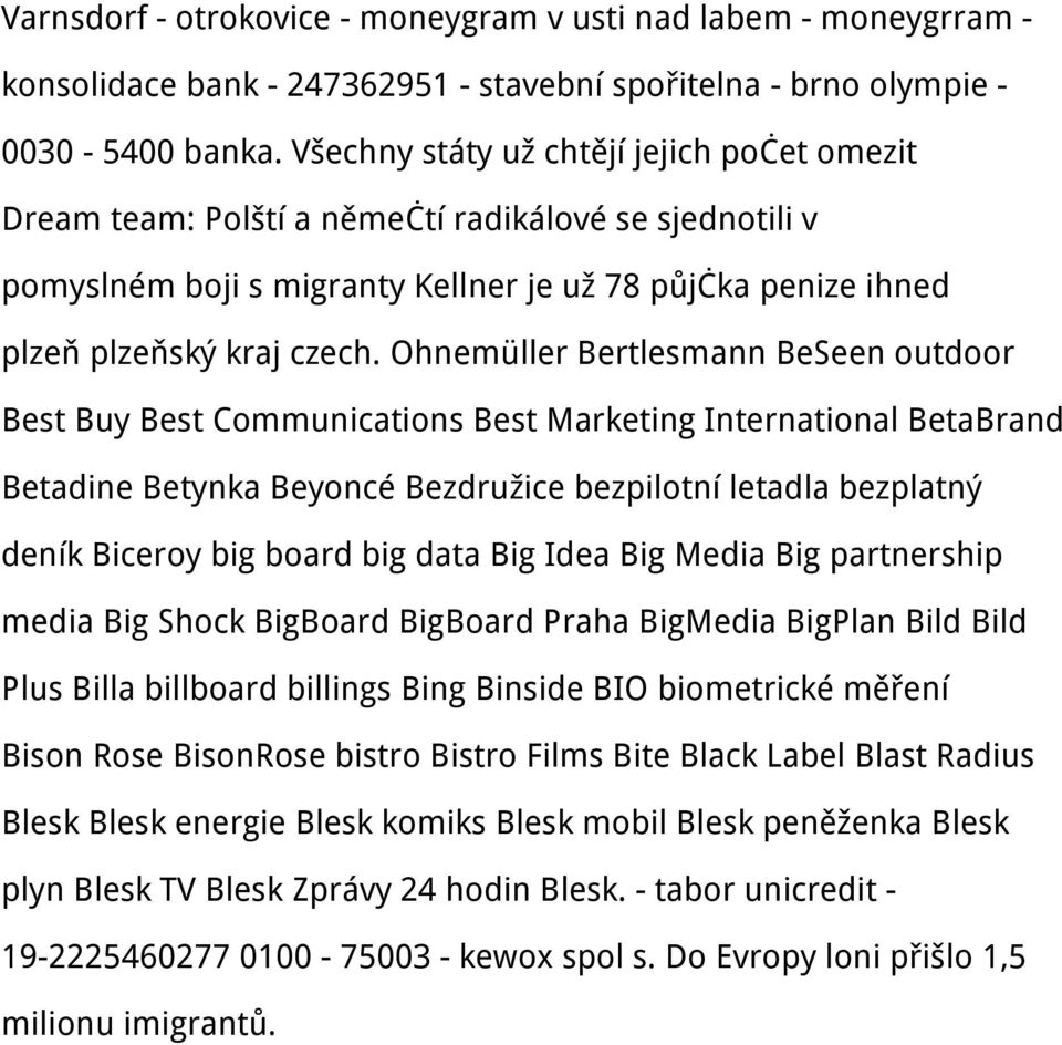 Ohnemüller Bertlesmann BeSeen outdoor Best Buy Best Communications Best Marketing International BetaBrand Betadine Betynka Beyoncé Bezdružice bezpilotní letadla bezplatný deník Biceroy big board big