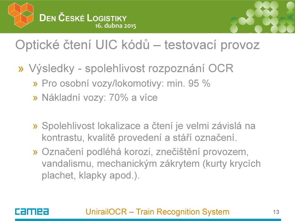 95 %» Nákladní vozy: 70% a více» Spolehlivost lokalizace a čtení je velmi závislá na