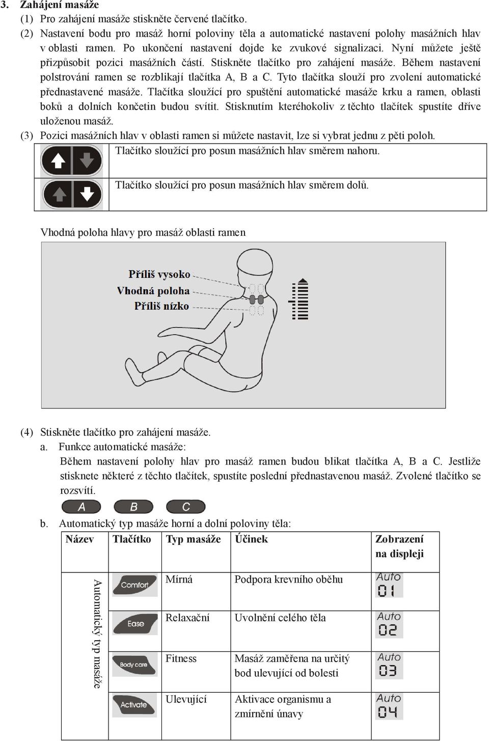 Během nastavení polstrování ramen se rozblikají tlačítka A, B a C. Tyto tlačítka slouží pro zvolení automatické přednastavené masáže.