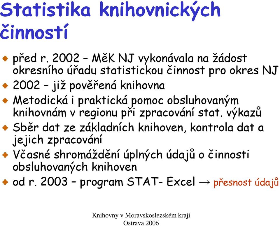 knihovna Metodická i praktická pomoc obsluhovaným knihovnám v regionu při zpracování stat.