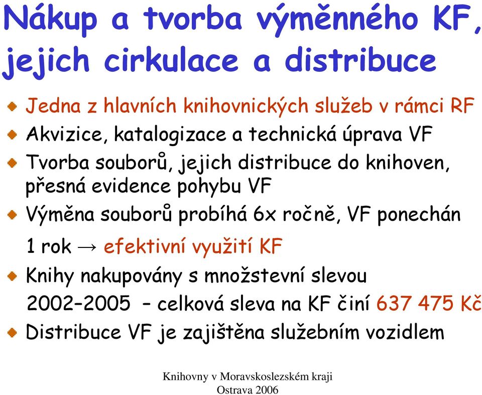 evidence pohybu VF Výměna souborů probíhá 6x ročně, VF ponechán 1 rok efektivní využití KF Knihy