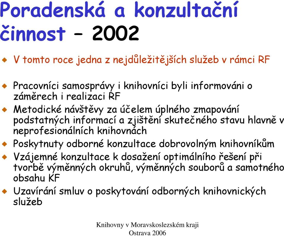 hlavně v neprofesionálních knihovnách Poskytnuty odborné konzultace dobrovolným knihovníkům Vzájemné konzultace k dosažení optimálního