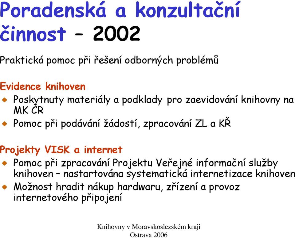 ZL a KŘ Projekty VISK a internet Pomoc při zpracování Projektu Veřejné informační služby knihoven
