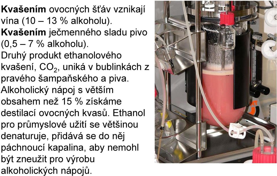 Druhý produkt ethanolového kvašení, CO 2, uniká v bublinkách z pravého šampaňského a piva.