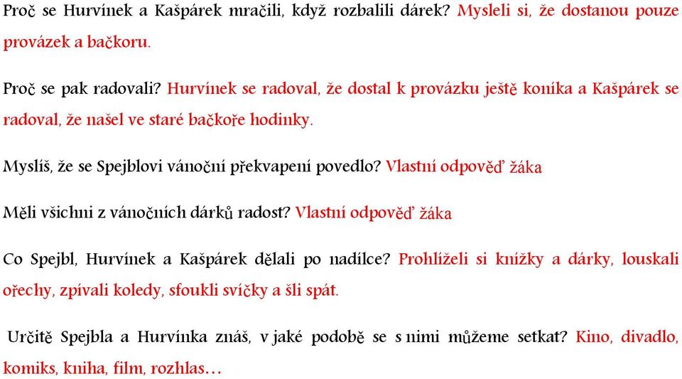 Myslíš, že se Spejblovi vánoční překvapení povedlo? Vlastní odpověď žáka Měli všichni z vánočních dárků radost?