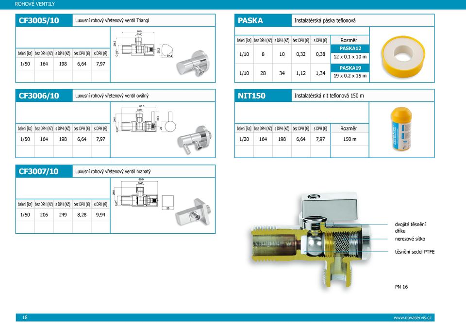 2 x 15 m CF3006/10 Luxusní rohový vřetenový ventil oválný NIT150 Instalatérská nit teflonová 150 m balení [ks] s DPH s DPH 1/50 164 198 6,64 7,97 balení [ks] s