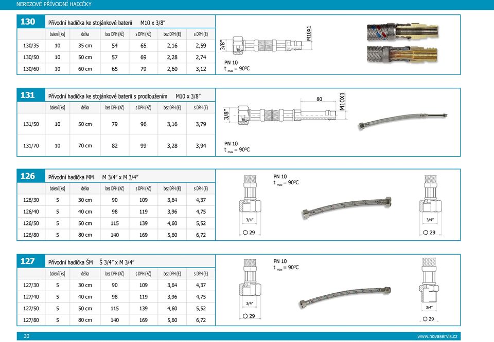 = 90 O C 126 Přívodní hadička MM M 3/4 x M 3/4 balení [ks] délka s DPH s DPH PN 10 t max = 90 O C 126/30 5 30 cm 90 109 3,64 4,37 126/40 5 40 cm 98 119 3,96 4,75 126/50 5 50 cm 115 139 4,60 5,52