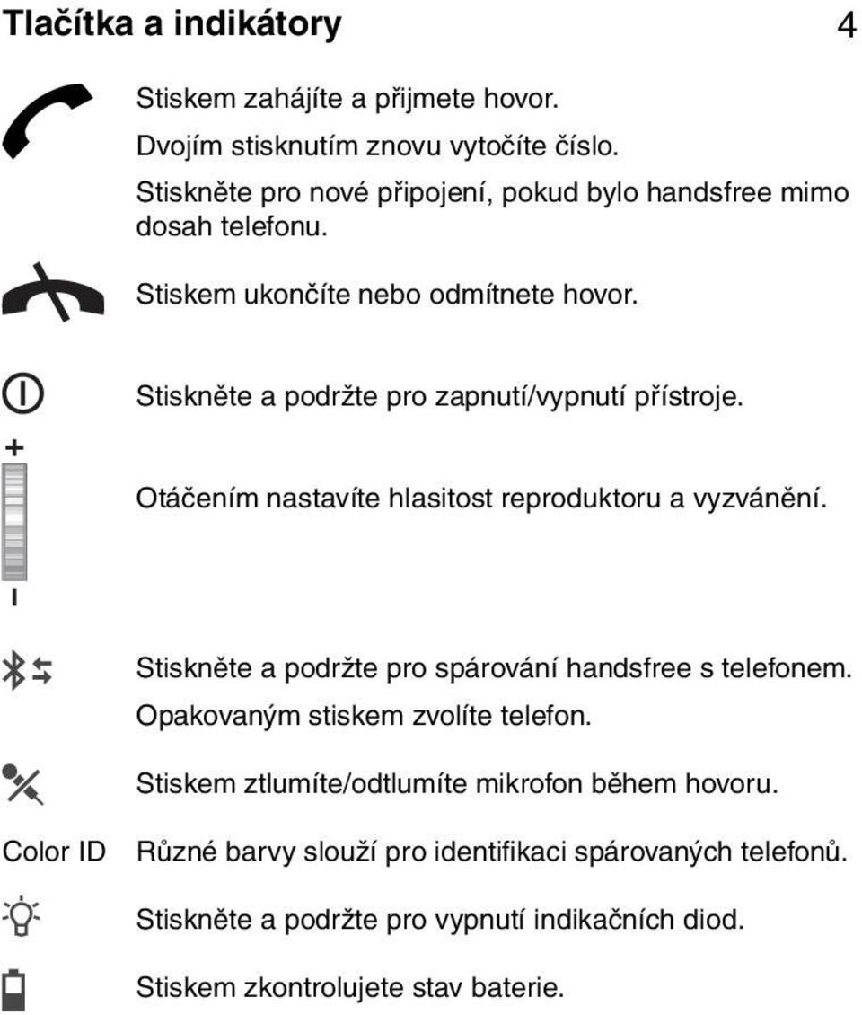 Stiskněte a podržte pro zapnutí/vypnutí přístroje. Otáčením nastavíte hlasitost reproduktoru a vyzvánění.