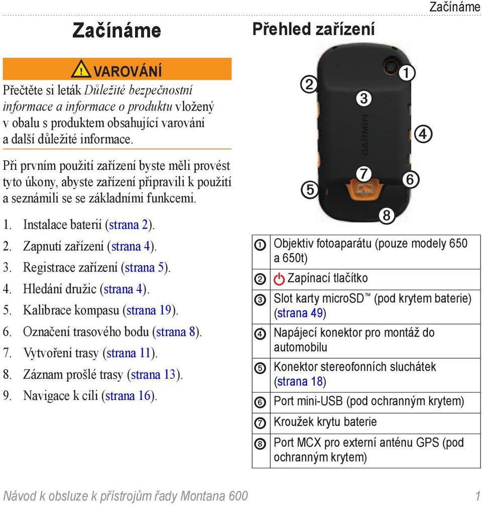 . 2. Zapnutí zařízení (strana 4). 3. Registrace zařízení (strana 5). 4. Hledání družic (strana 4). 5. Kalibrace kompasu (strana 19). 6. Označení trasového bodu (strana 8). 7.