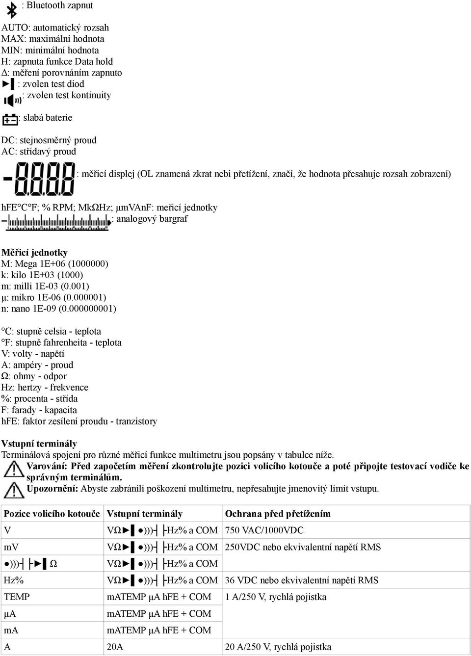 analogový bargraf Měřicí jednotky M: Mega 1E+06 (1000000) k: kilo 1E+03 (1000) m: milli 1E-03 (0.001) μ: mikro 1E-06 (0.000001) n: nano 1E-09 (0.