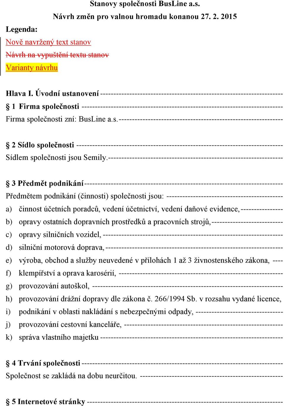 společnosti zní: BusLine a.s. -------------------------------------------------------------- 2 Sídlo společnosti ------------------------------------------------------------------------------ Sídlem společnosti jsou Semily.