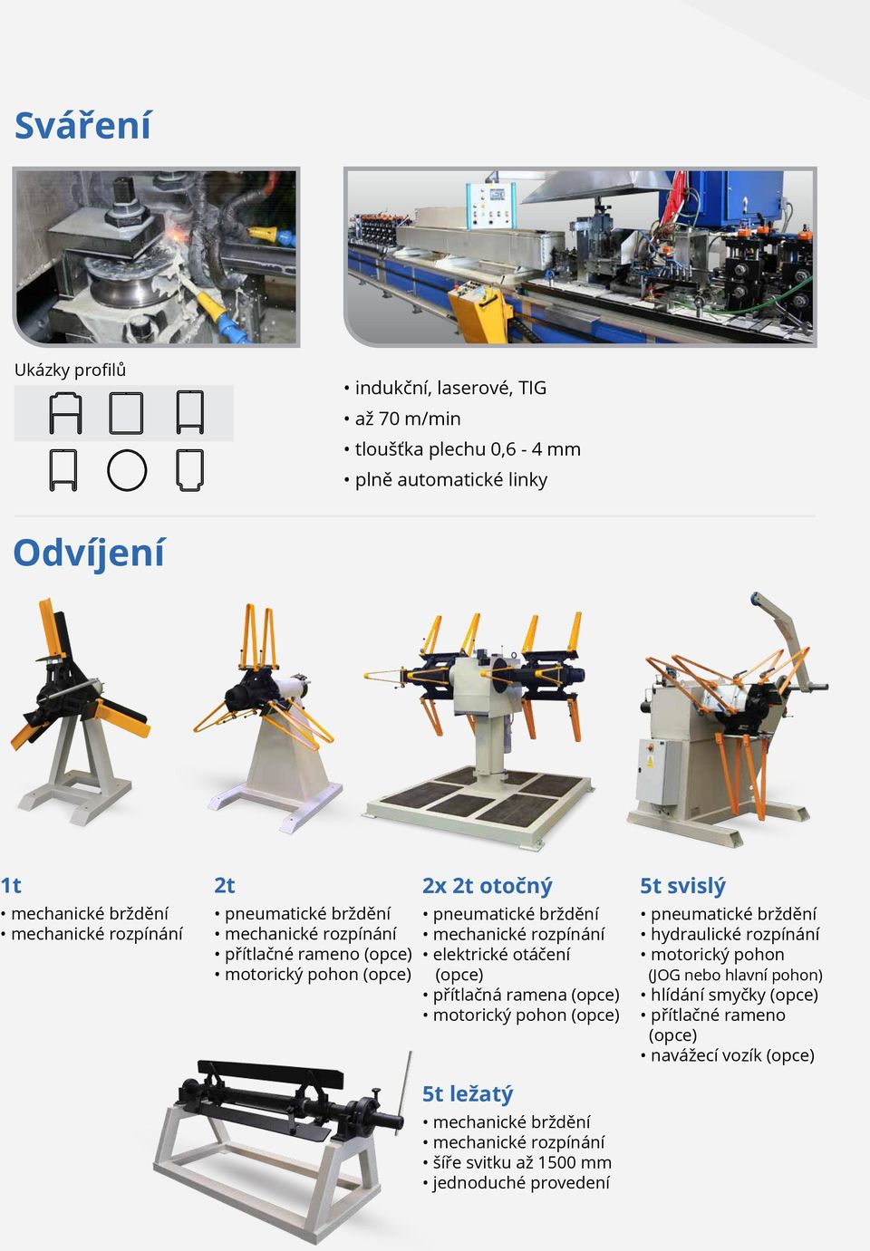 elektrické otáčení (opce) přítlačná ramena (opce) motorický pohon (opce) 5t ležatý mechanické brždění mechanické rozpínání šíře svitku až 1500 mm jednoduché