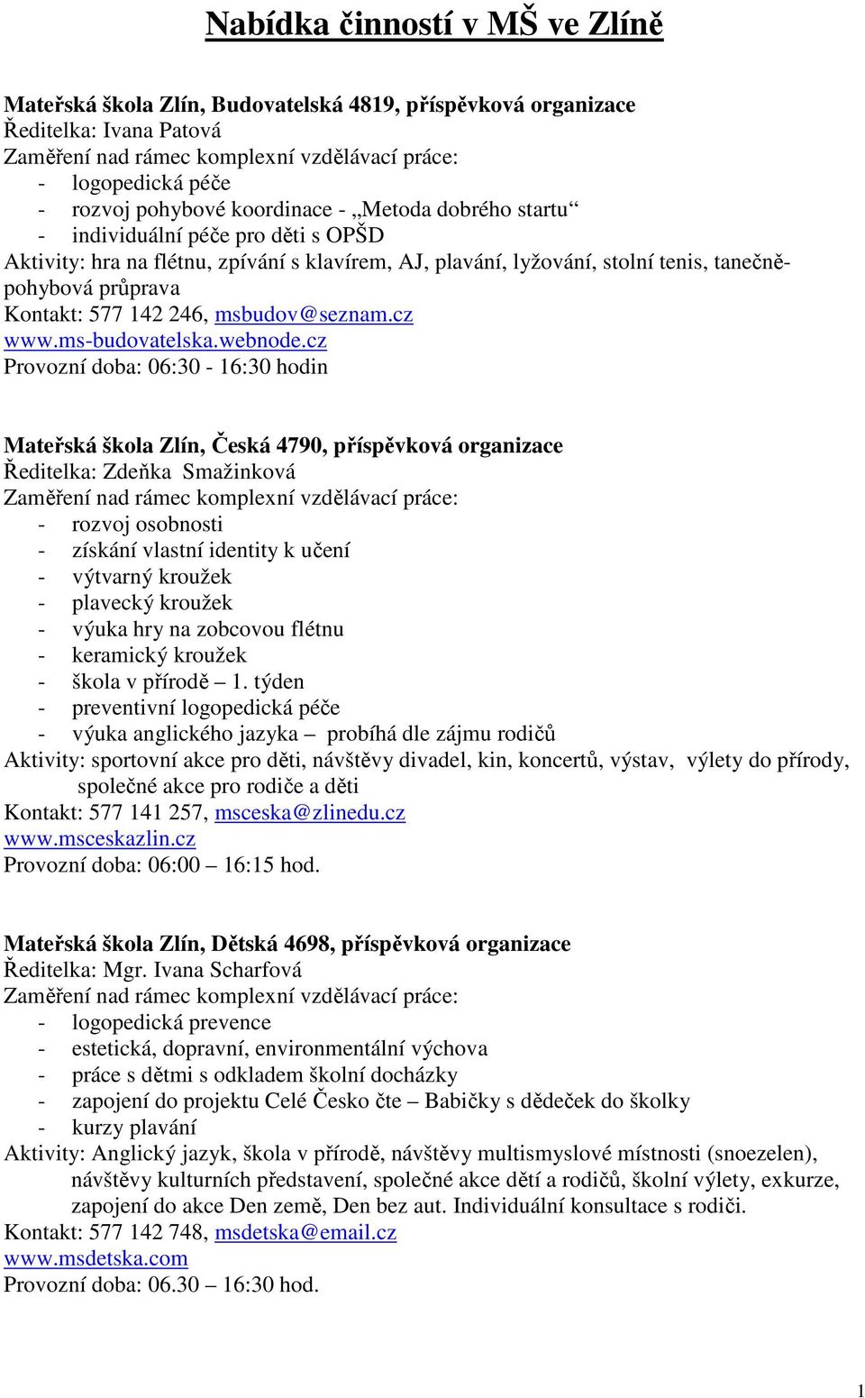 Nabídka činností v MŠ ve Zlíně - PDF Stažení zdarma