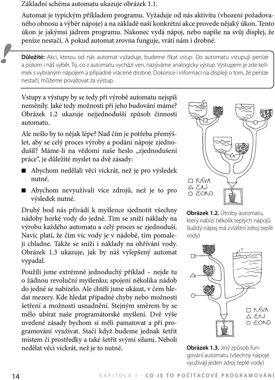 Nakonec vydá nápoj, nebo napíše na svůj displej, že peníze nestačí. A pokud automat zrovna funguje, vrátí nám i drobné. Důležité: Akci, kterou od nás automat vyžaduje, budeme říkat vstup.