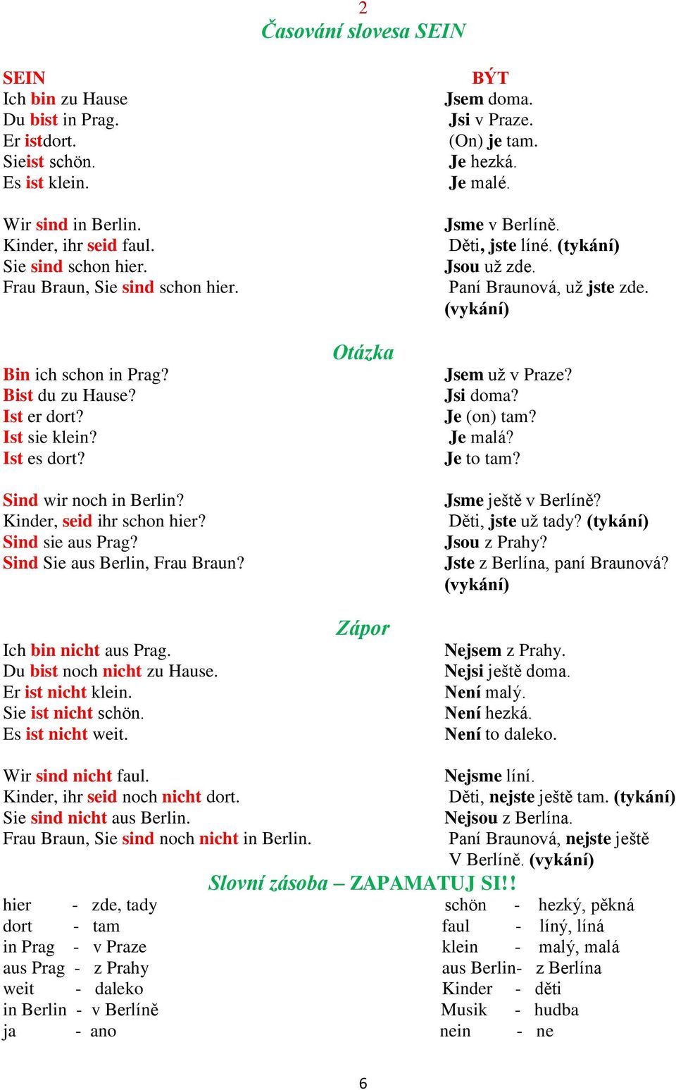 Ich bin nicht aus Prag. Du bist noch nicht zu Hause. Er ist nicht klein. Sie ist nicht schön. Es ist nicht weit. Otázka Zápor BÝT Jsem doma. Jsi v Praze. (On) je tam. Je hezká. Je malé.