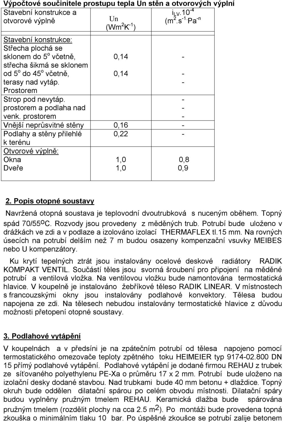 prostorem a podlaha nad venk. prostorem 0,14 0,14 Vnější neprůsvitné stěny 0,16 Podlahy a stěny přilehlé k terénu Otvorové výplně: Okna Dveře 0,22 1,0 1,0 0,8 0,9 2.