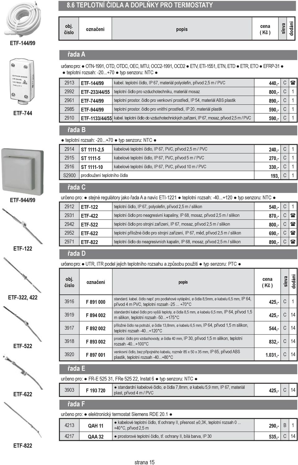 teplotní čidlo, IP 67, materiál polyolefin, přívod 2,5 m / PVC 440,- C ( 2992 ETF-233/44/55 teplotní čidlo pro vzduchotechniku, materiál mosaz 800,- C 1 2961 ETF-744/99 teplotní prostor.