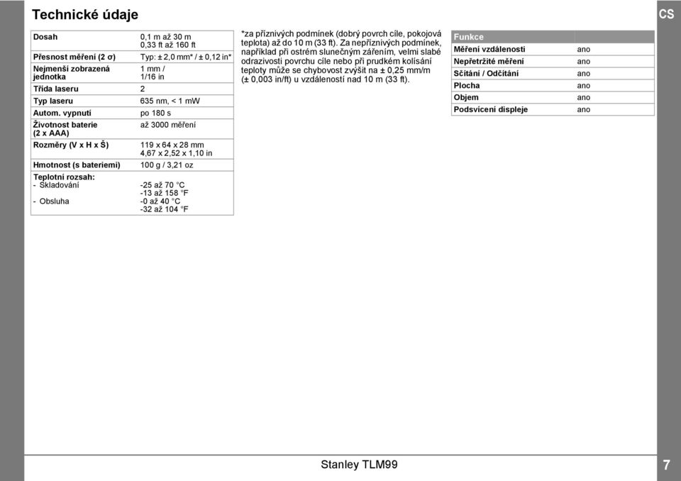 až 70 C -3 až 58 F -0 až 40 C -3 až 04 F *za příznivých podmínek (dobrý povrch cíle, pokojová teplota) až do 0 m (33 ft).