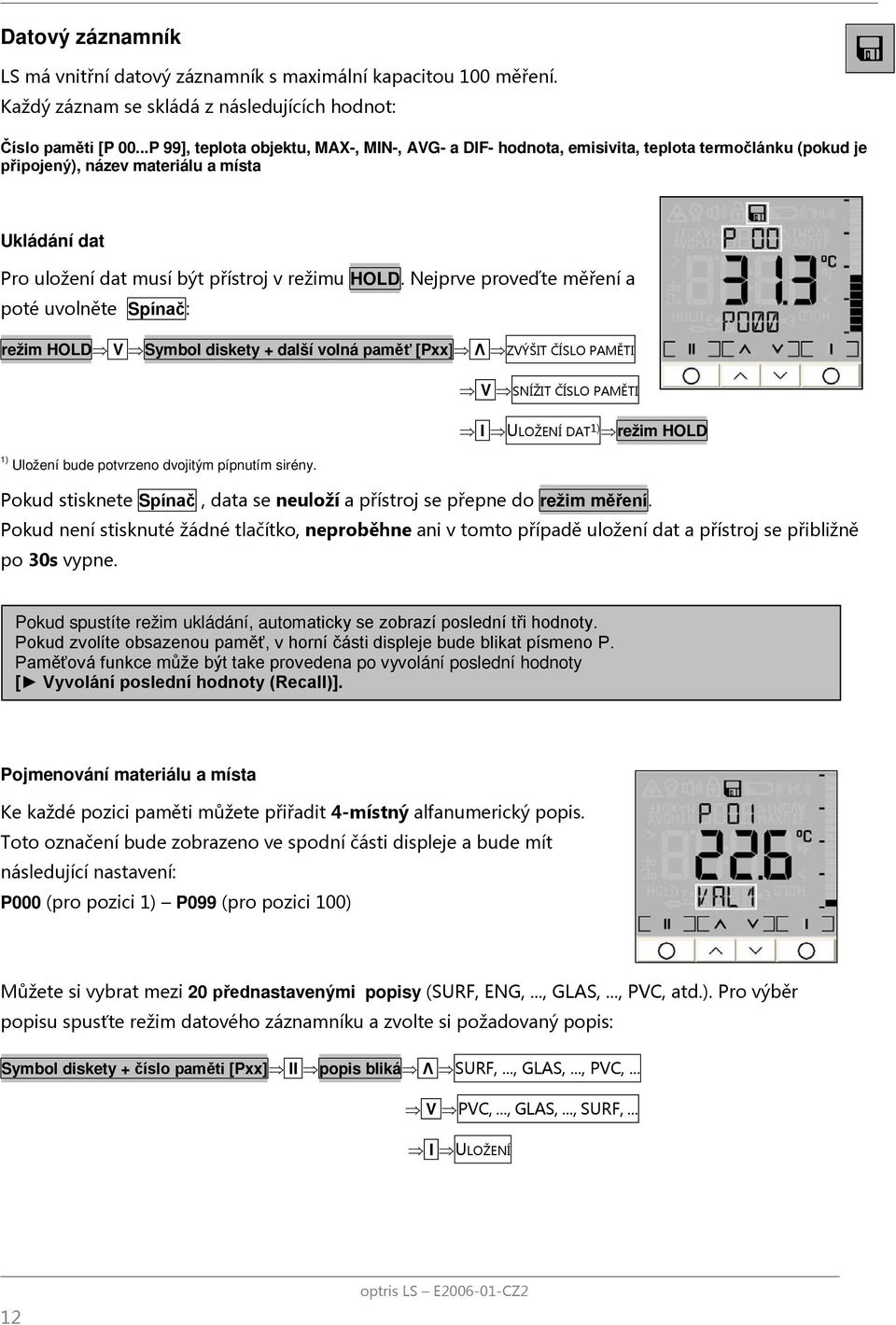 Nejprve proveďte měření a poté uvolněte Spínač: režim HOLD V Symbol diskety + další volná paměť [Pxx] Λ ZVÝŠIT ČÍSLO PAMĚTI 1) Uložení bude potvrzeno dvojitým pípnutím sirény.