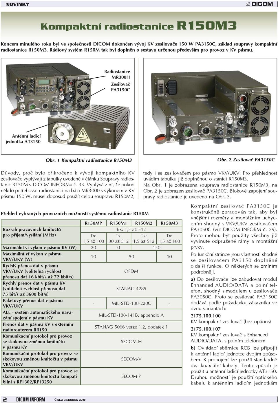 2 Zesilovač PA3150C Důvody, proč bylo přikročeno k vývoji kompaktního KV zesilovače vyplývají z tabulky uvedené v článku Soupravy radiostanic R150M v DICOM INFORMu č. 33.