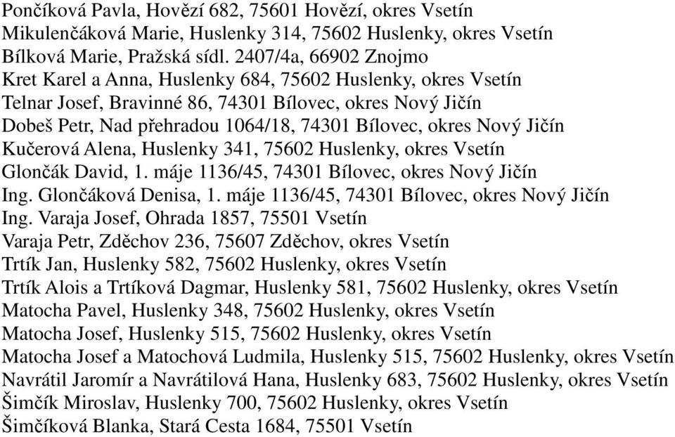 Nový Jičín Kučerová Alena, Huslenky 341, 75602 Huslenky, okres Vsetín Glončák David, 1. máje 1136/45, 74301 Bílovec, okres Nový Jičín Ing. Glončáková Denisa, 1.