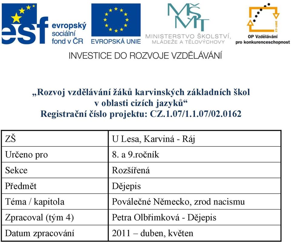 0162 ZŠ Určeno pro Sekce Předmět Téma / kapitola Zpracoval (tým 4) Datum zpracování