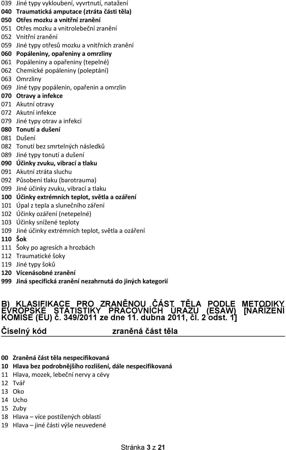 070 Otravy a infekce 071 Akutní otravy 072 Akutní infekce 079 Jiné typy otrav a infekcí 080 Tonutí a dušení 081 Dušení 082 Tonutí bez smrtelných následků 089 Jiné typy tonutí a dušení 090 Účinky