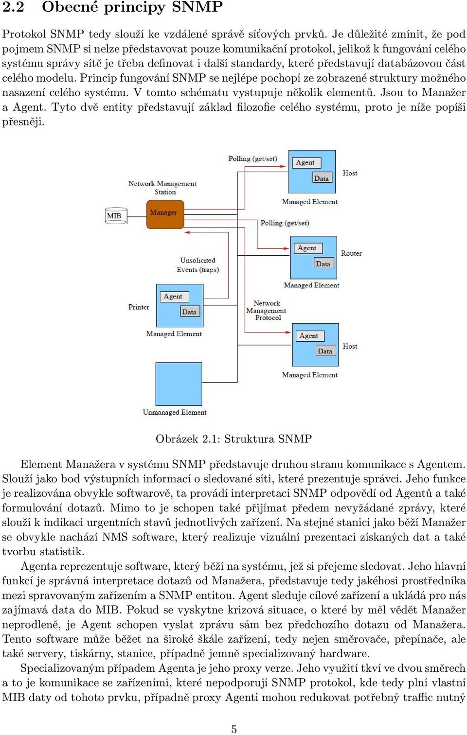 databázovou část celého modelu. Princip fungování SNMP se nejlépe pochopí ze zobrazené struktury možného nasazení celého systému. V tomto schématu vystupuje několik elementů. Jsou to Manažer a Agent.