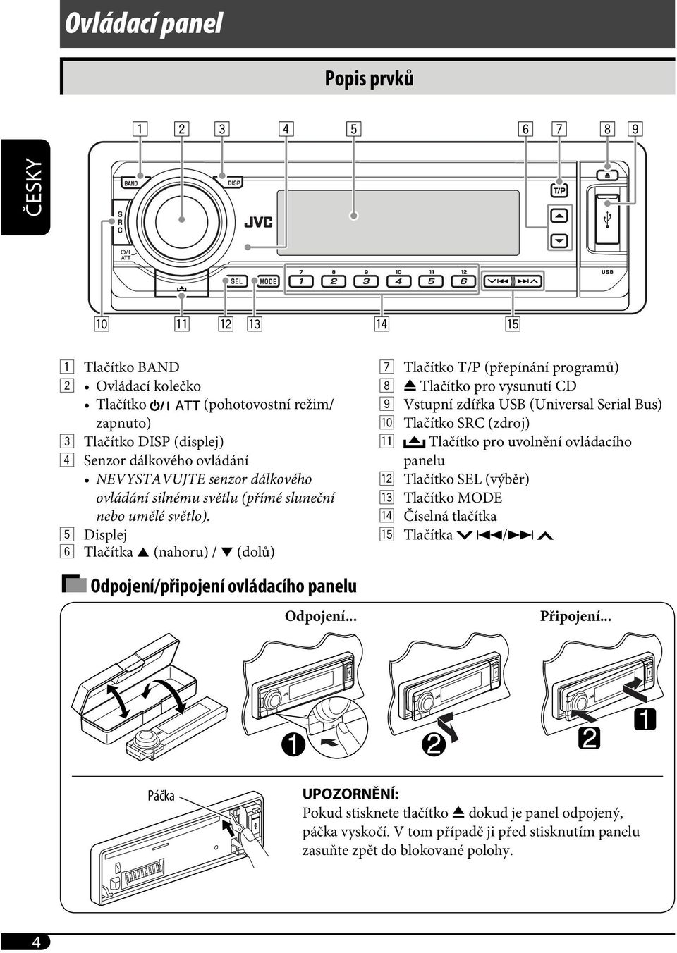 .. 7 Tlačítko T/P (přepínání programů) 8 0 Tlačítko pro vysunutí CD 9 Vstupní zdířka USB (Universal Serial Bus) p Tlačítko SRC (zdroj) q Tlačítko pro uvolnění ovládacího panelu w Tlačítko