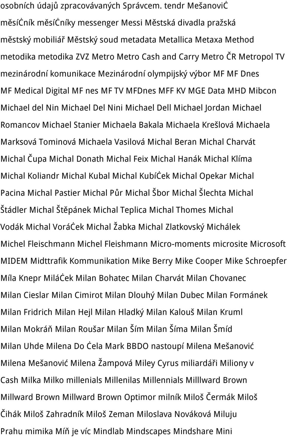 Metropol TV mezinárodní komunikace Mezinárodní olympijský výbor MF MF Dnes MF Medical Digital MF nes MF TV MFDnes MFF KV MGE Data MHD Mibcon Michael del Nin Michael Del Nini Michael Dell Michael